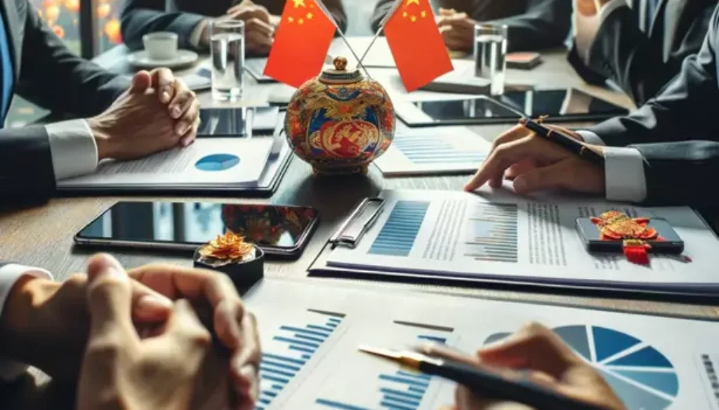 DALL·E 2024-03-09 16.19.10 - A detailed negotiation meeting between a foreign entrepreneur and Chinese suppliers in a modern office setting, emphasizing the cultural exchange and (Copy)