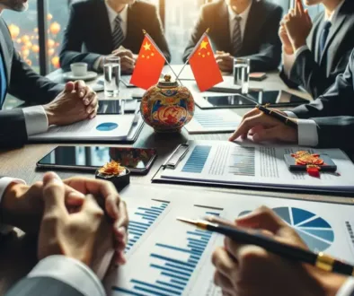 DALL·E 2024-03-09 16.19.10 - A detailed negotiation meeting between a foreign entrepreneur and Chinese suppliers in a modern office setting, emphasizing the cultural exchange and (Copy)
